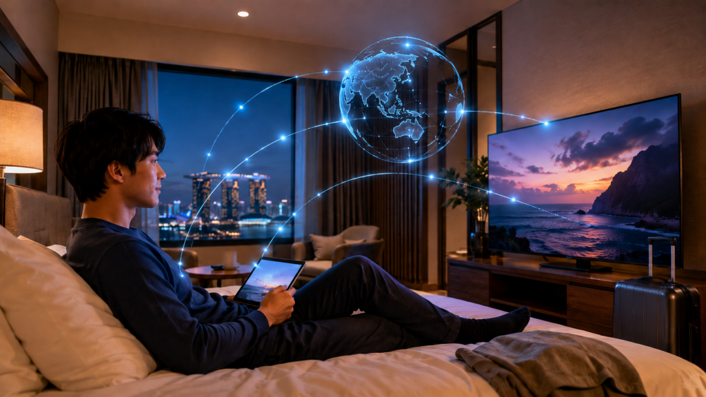 Surfsharkを使い海外のホテルからテレビやタブレットで動画配信を視聴する日本人男性