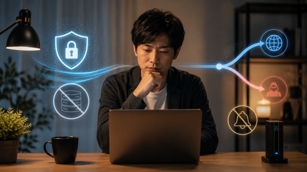 Surfsharkの安全性やプライバシー保護を確認しながらVPNを利用する日本人男性