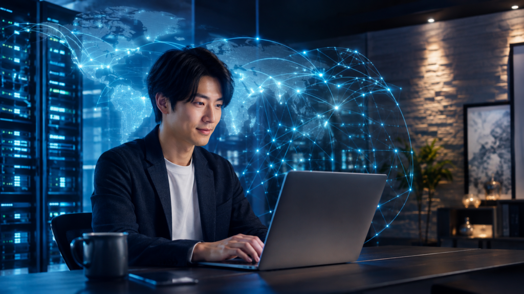 SurfsharkのVPNサーバー網と高速なグローバル通信を利用する日本人男性