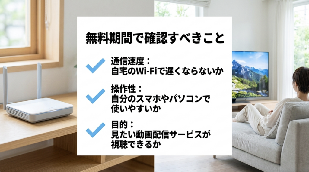 Surfsharkのお試し期間中に通信速度、スマホやパソコンの操作性、動画視聴を確認するポイント