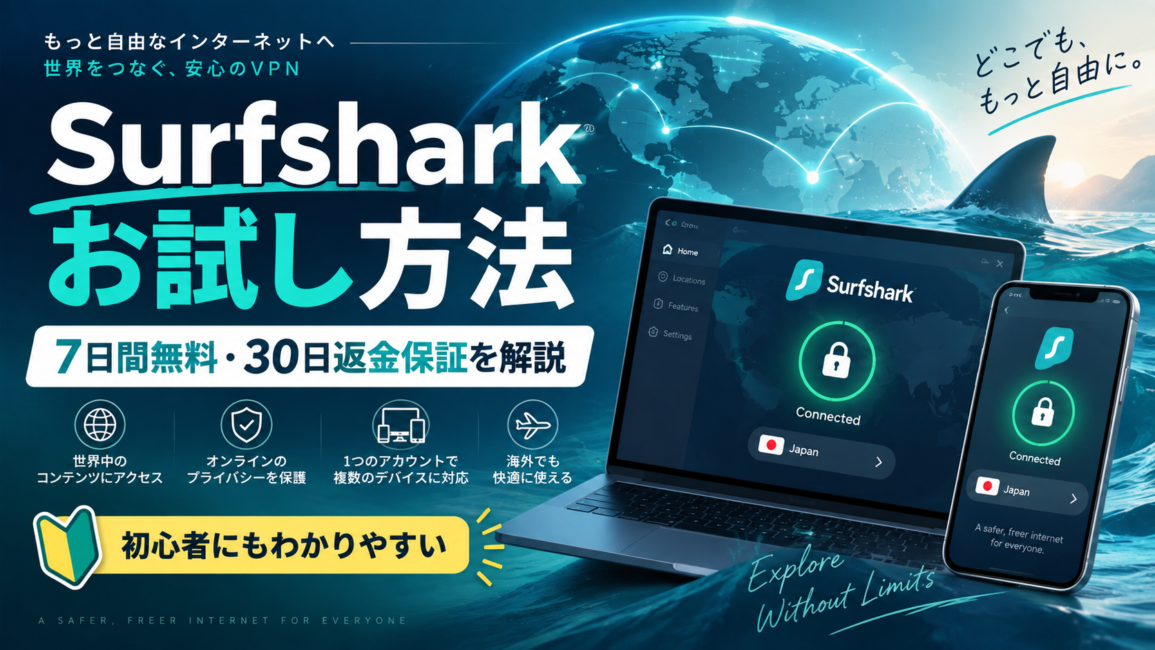 Surfsharkのお試し方法と7日間無料トライアル・30日間返金保証を解説するイメージ画像