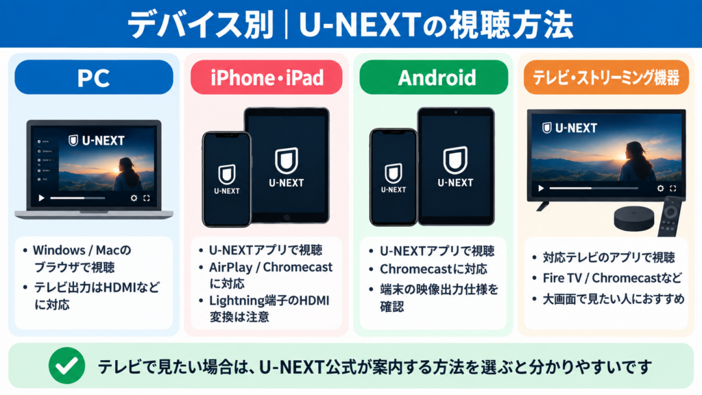 PC・iPhone・iPad・Android・テレビ別のU-NEXT視聴方法をまとめた図解