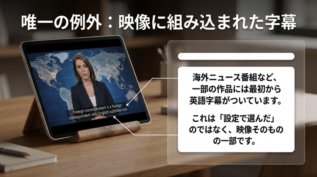 U-NEXTでは海外ニュースなど一部コンテンツに映像自体へ英語字幕が組み込まれている場合があることを示すスライド