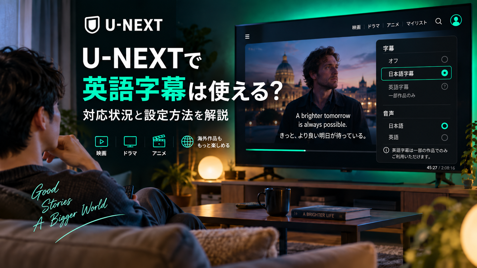 U-NEXTの英語字幕対応状況と字幕・音声設定をテレビ画面で解説するイメージ画像