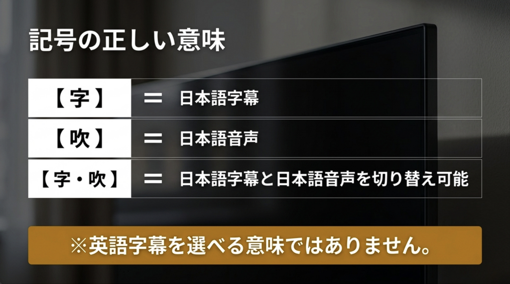 U-NEXTの字は日本語字幕、吹は日本語音声、字・吹は字幕と吹替の切り替えを意味することを示すスライド