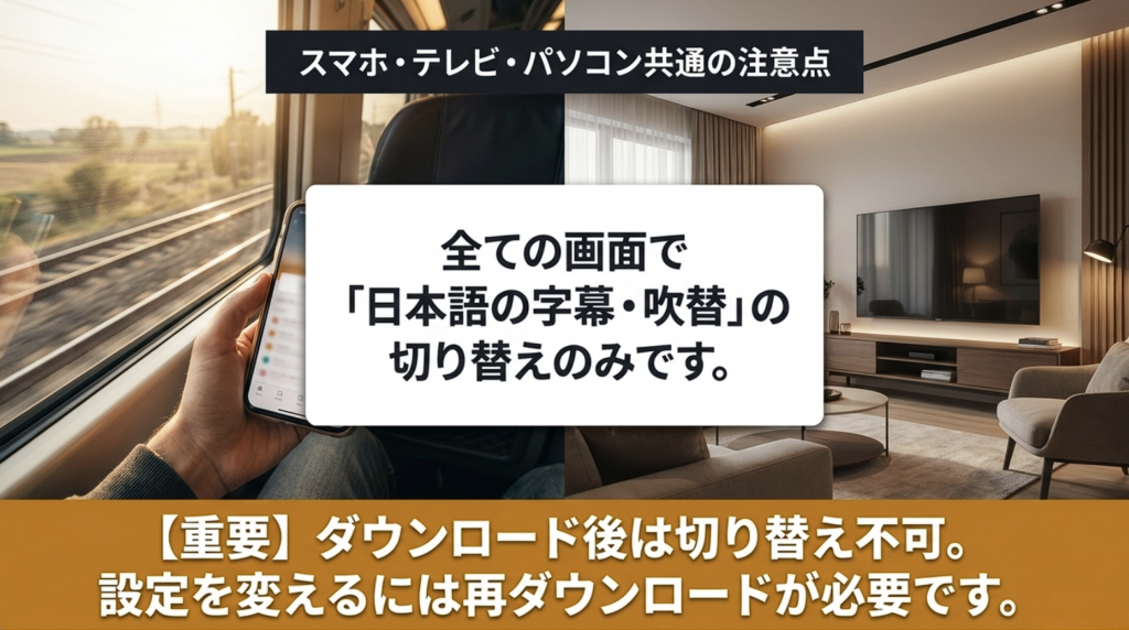 U-NEXTのスマホ・テレビ・パソコンでの字幕と吹替の扱いとダウンロード後は変更できない注意点