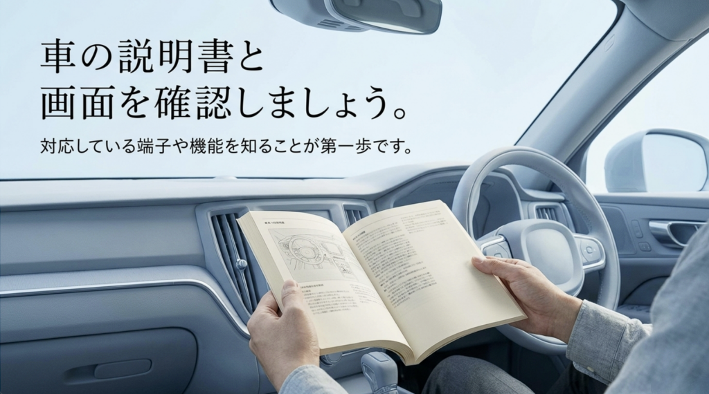 車内で取扱説明書を確認するイメージ。USBやAUXなど音楽再生に対応する端子と車載オーディオの機能を調べる重要性を説明