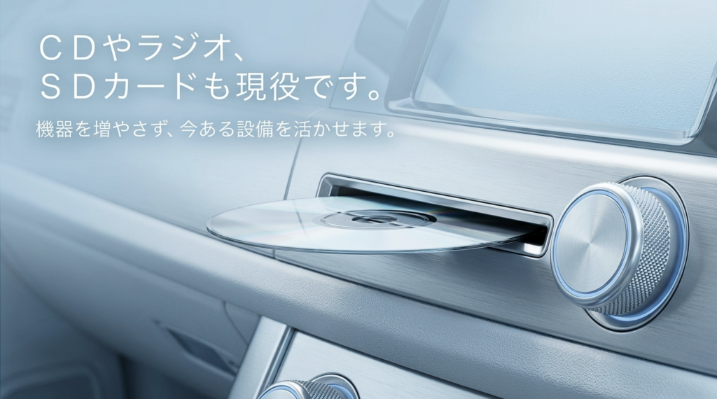車載CDプレーヤーのイメージと、SDカード・CD・ラジオなど既存の車載設備を活用して音楽を楽しむ方法の説明