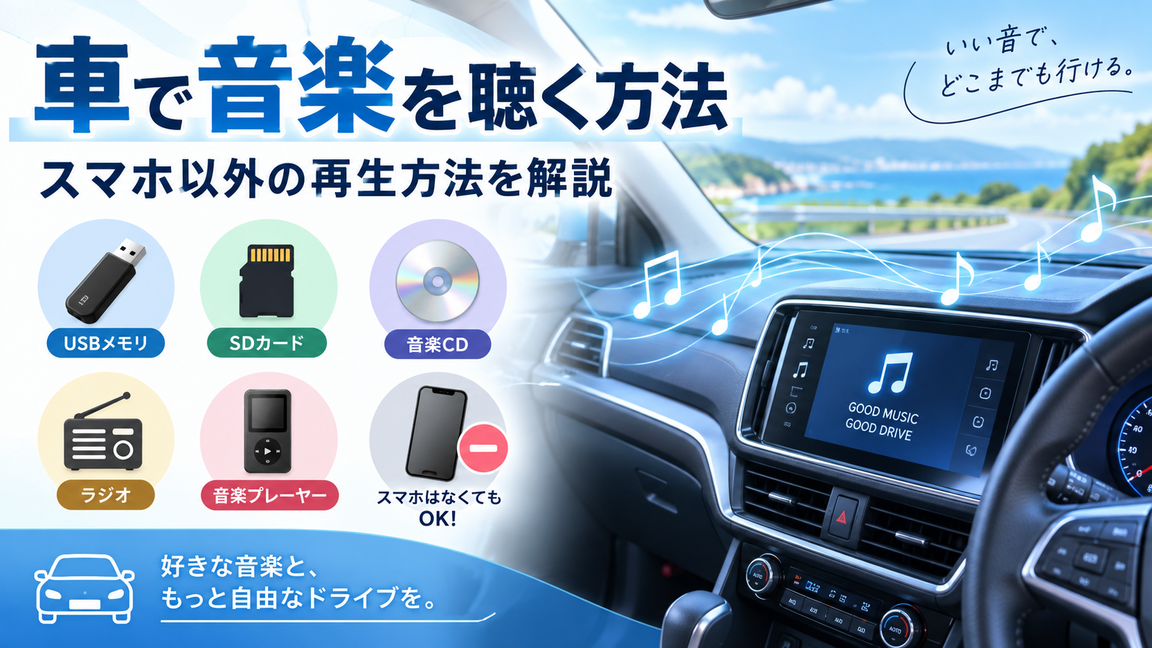 車でスマホを使わずに音楽を聴く方法を紹介。USBメモリ、SDカード、CD、ラジオ、音楽プレーヤーなどの再生方法を比較したイメージ画像。