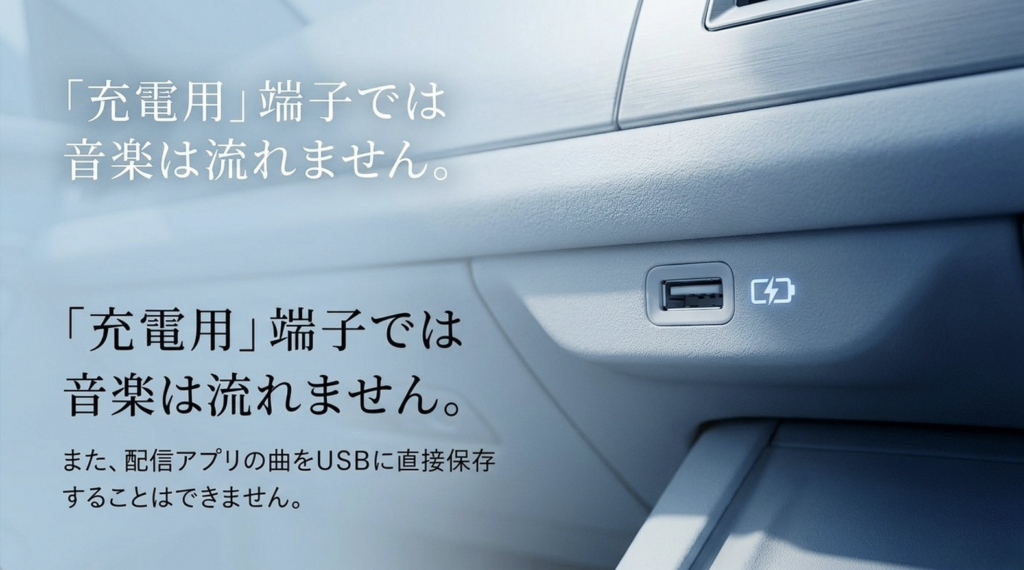 車の充電専用USB端子ではUSBメモリの音楽を再生できないことと、配信アプリの曲をUSBへ直接保存できないことを説明した注意喚起画像