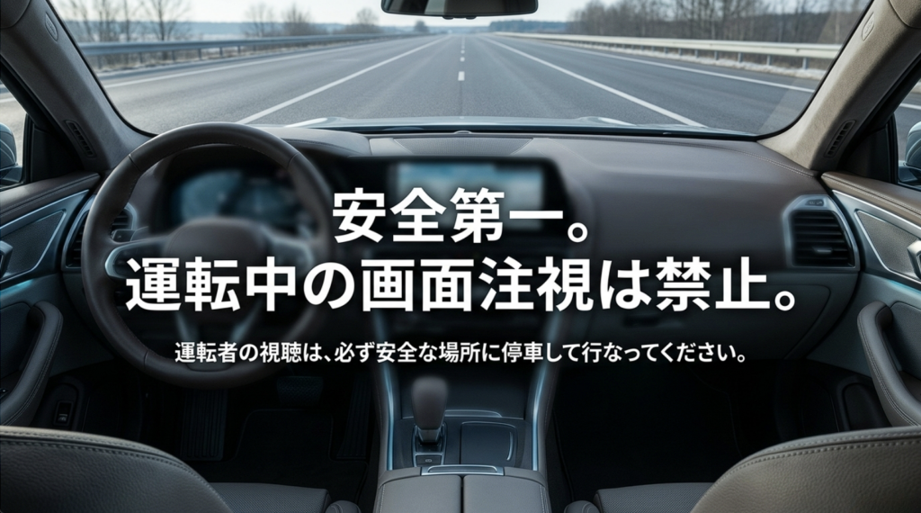 運転中はカーナビやYouTube動画の画面を注視せず、運転者は安全な場所に駐車してから視聴するよう注意を呼びかけるスライド