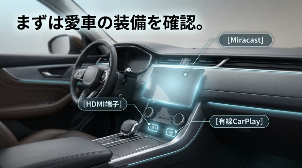 車でYouTubeを見るために確認したいHDMI入力端子、有線CarPlay、Miracastの対応状況を示した図解