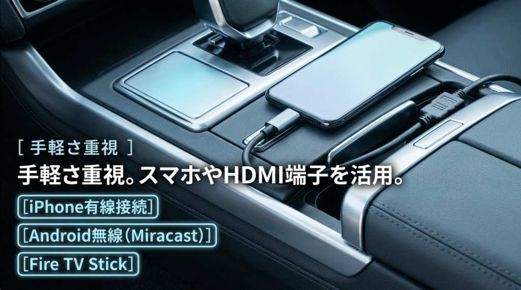 車内でiPhoneを有線接続する方法、AndroidのMiracastによる無線接続、Fire TV Stickを使ったYouTube視聴方法を紹介する図解
