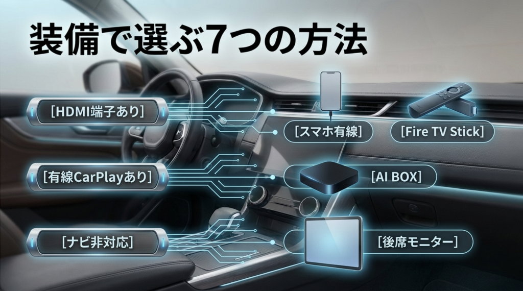 HDMI入力がある車はスマホ有線接続やFire TV Stick、有線CarPlay対応車はAI BOX、ナビ非対応車は後席モニターを検討する選び方の図解