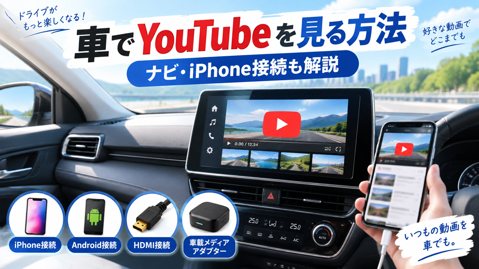 車でYouTubeを見る方法を解説する画像。カーナビでの動画再生とiPhone・Android・HDMI・車載メディアアダプターによる接続方法を紹介。