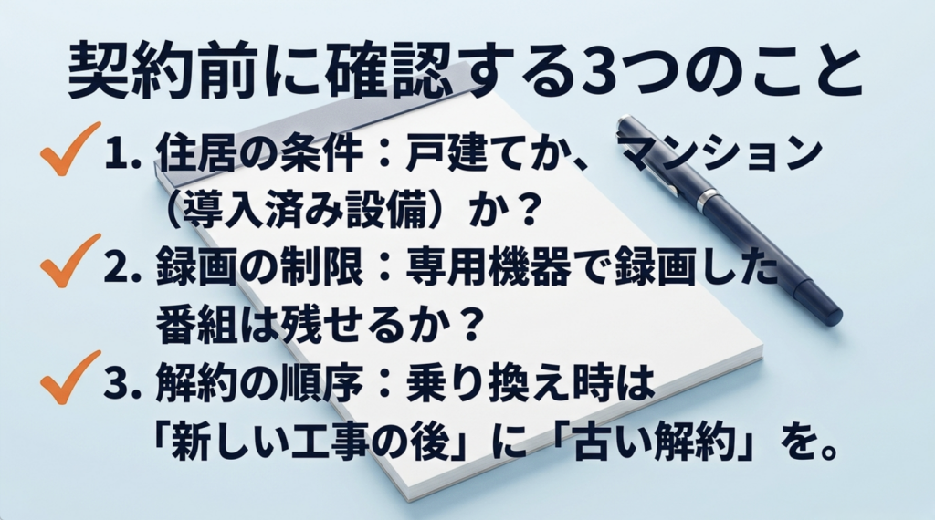 光テレビやケーブルテレビの契約前に確認する住居の設備、録画番組の引き継ぎ、乗り換え時の解約順序をまとめたチェックリスト