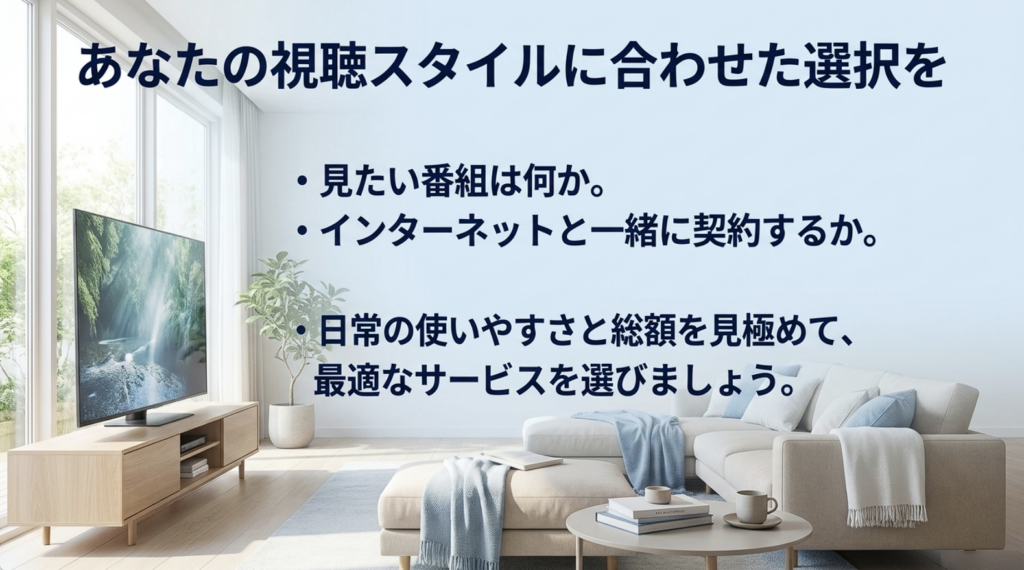 見たい番組、インターネットとのセット契約、使いやすさ、支払い総額を確認してテレビサービスを選ぶポイントを紹介した画像