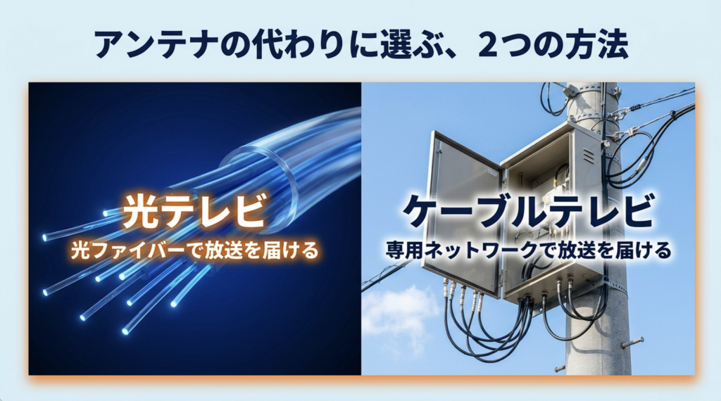 光ファイバーで放送を届ける光テレビと、専用の有線ネットワークで放送を届けるケーブルテレビの仕組みを比較した図