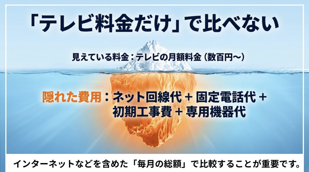 テレビの月額料金だけでなく、ネット回線代、固定電話代、初期工事費、専用機器代を含めた総額の比較が重要だと示す氷山の図