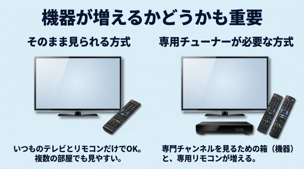 テレビ本体とリモコンだけで視聴する方式と、専用チューナーや追加リモコンを使う方式を比較した図