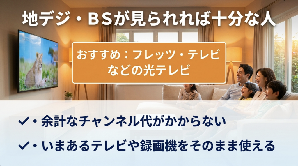 リビングでテレビを見る家族と、地デジ・BS中心の視聴ならフレッツ・テレビなどの光テレビが候補になる理由を紹介した画像