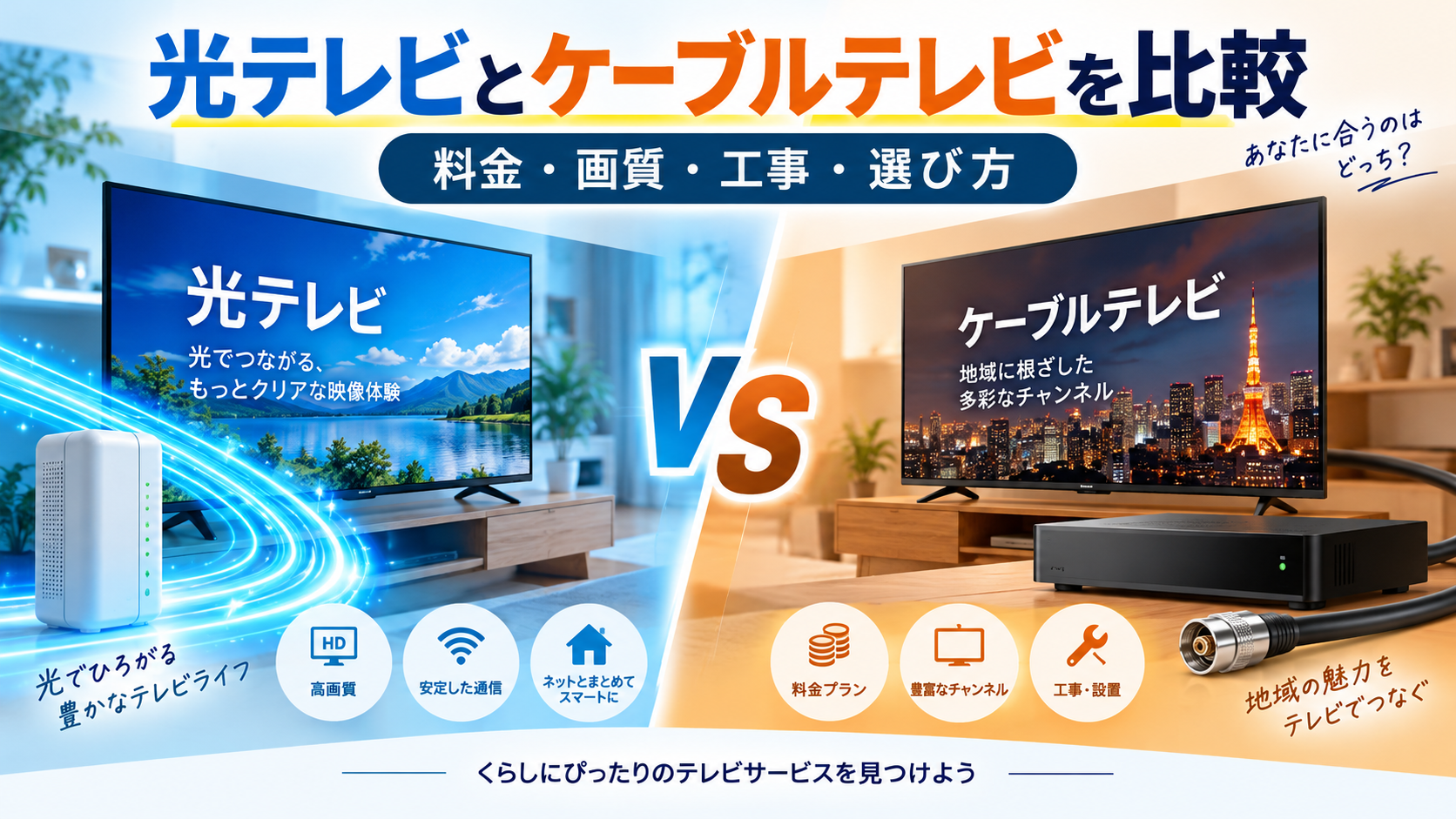 光テレビとケーブルテレビの違いを比較したイメージ画像。光回線とケーブル接続によるテレビ視聴を左右に配置し、料金・画質・工事・選び方を紹介