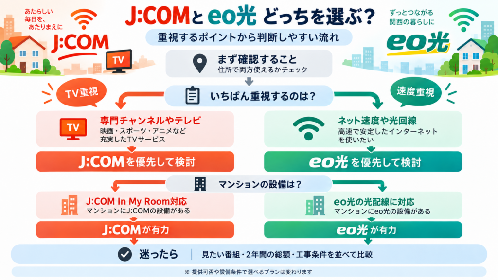 J:COMとeo光のどちらを選ぶか、専門チャンネル・通信速度・マンション設備から判断するフローチャート