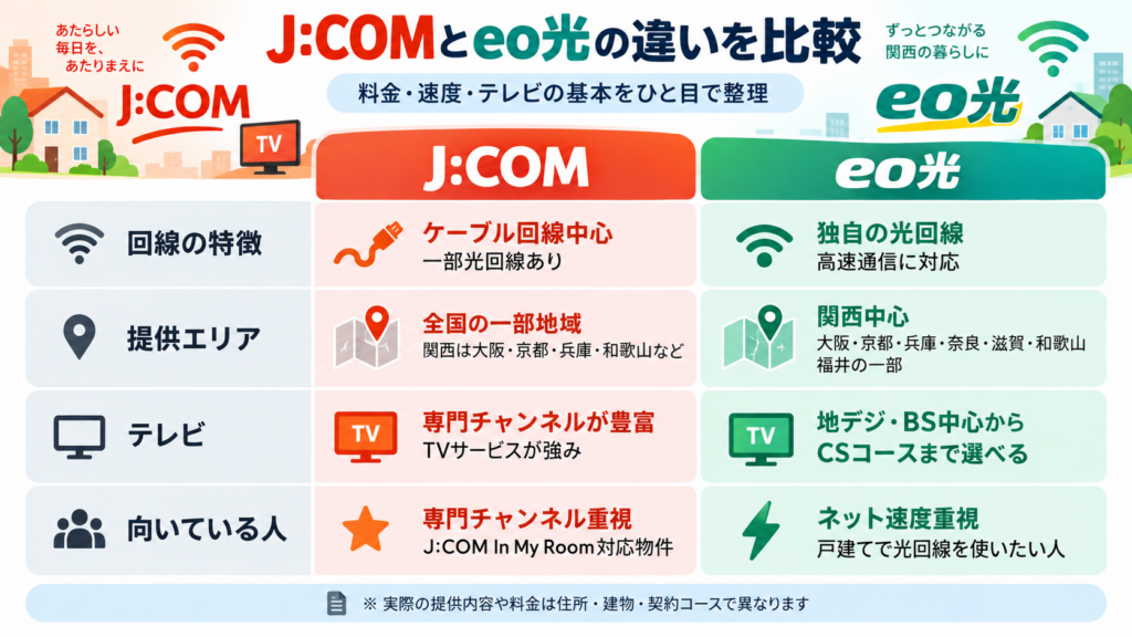 J:COMとeo光の回線方式、提供エリア、テレビサービス、向いている人を比較した一覧図