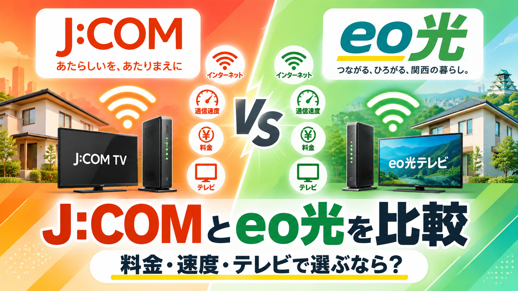 J:COMとeo光を比較するアイキャッチ画像。インターネットの料金・通信速度・テレビサービスの違いを紹介。