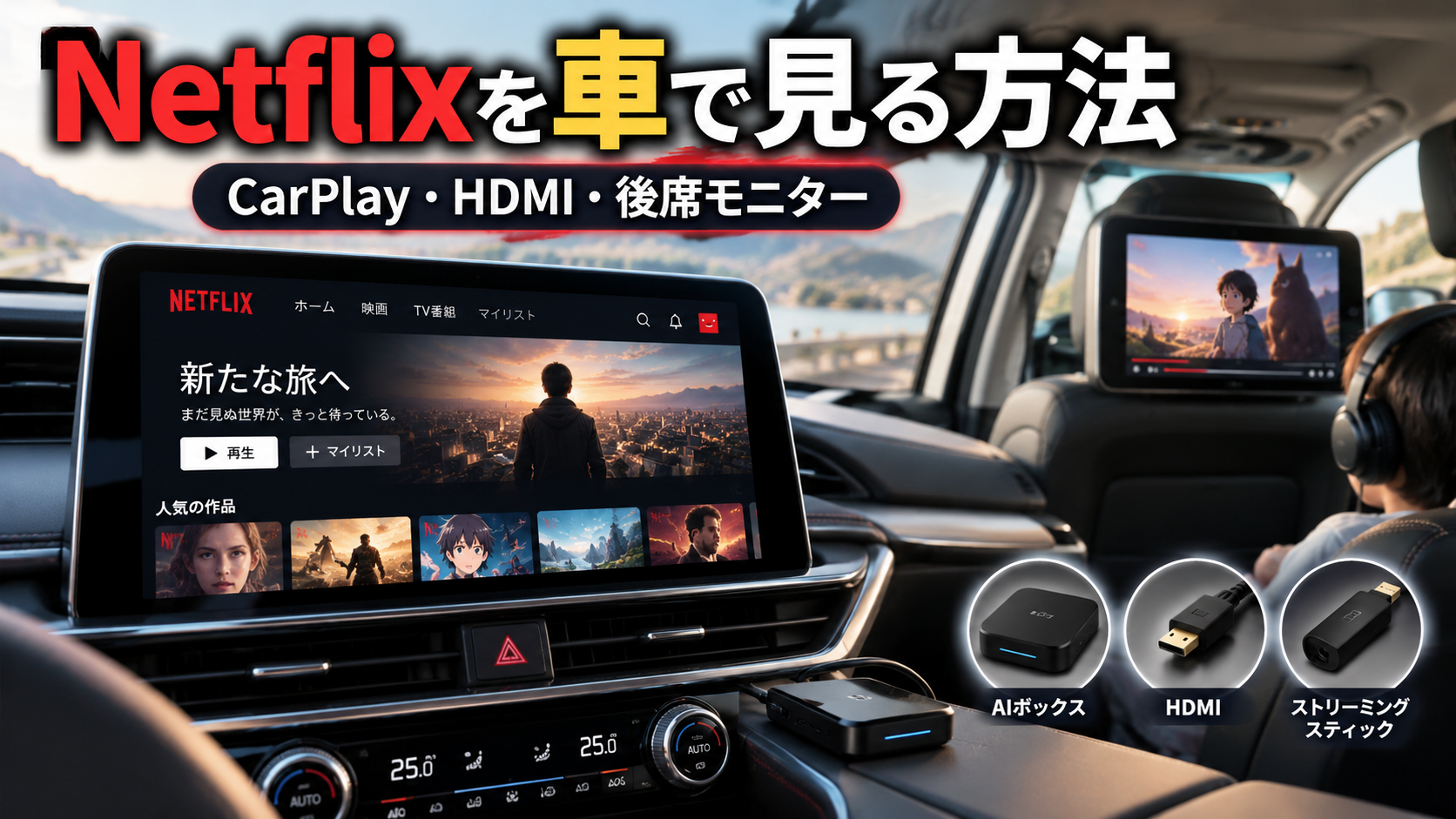 Netflixを車で見る方法を紹介するアイキャッチ画像。車載ナビと後席モニターに動画を表示し、AI Box・HDMI・ストリーミング端末による視聴方法を紹介。