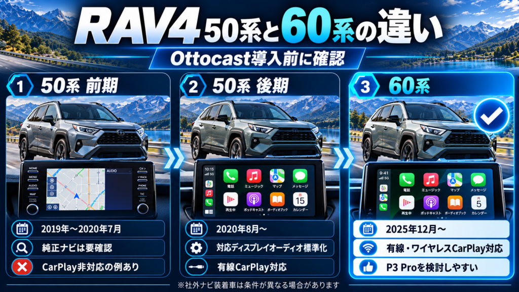 RAV4 50系の2019年から2020年7月、2020年8月以降、60系のCarPlay対応状況を年式別に比較した図解