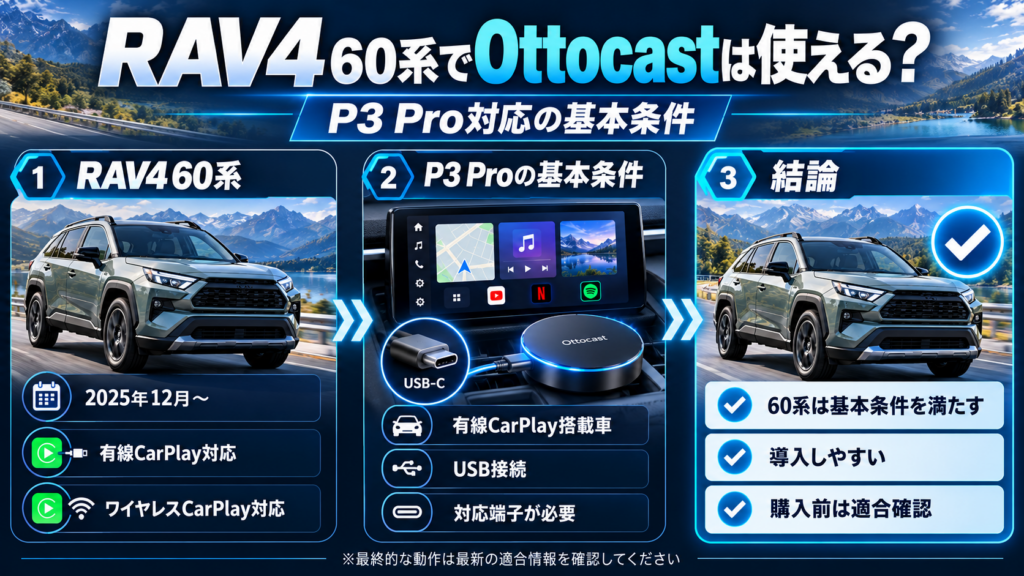 RAV4 60系の有線・ワイヤレスCarPlay対応と、Ottocast P3 Proを使用するための基本条件を解説した図解