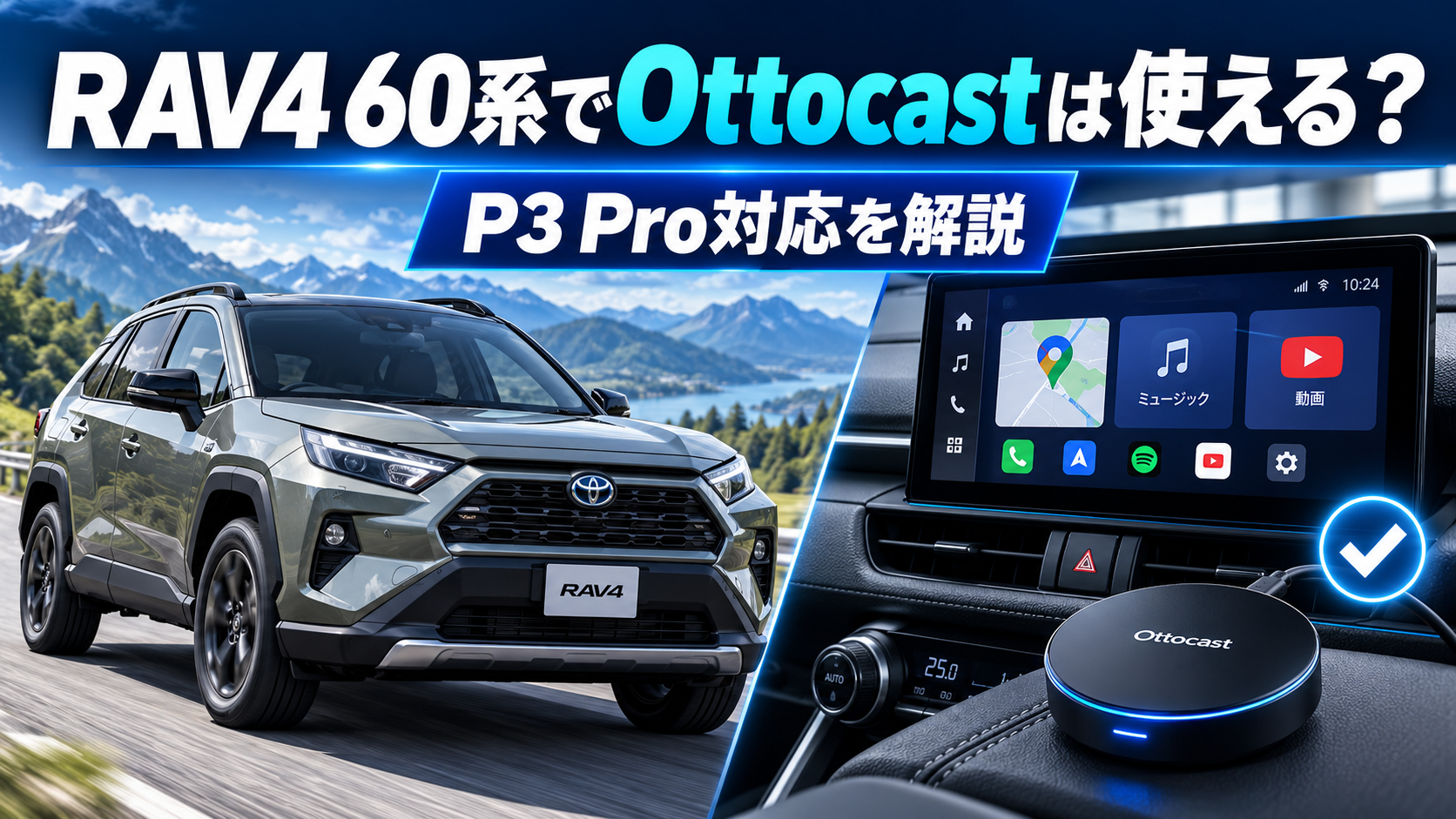 RAV4 60系の車両と純正ディスプレイ、Ottocast P3 Proを配置し、対応状況と接続方法を紹介するアイキャッチ画像