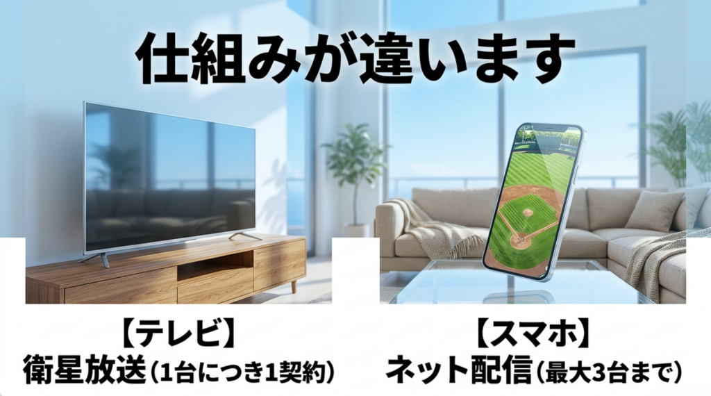 プロ野球セットのテレビ放送は受信機番号ごとの契約、ネット配信は1アカウントで最大3台まで同時視聴できる仕組みを比較した図