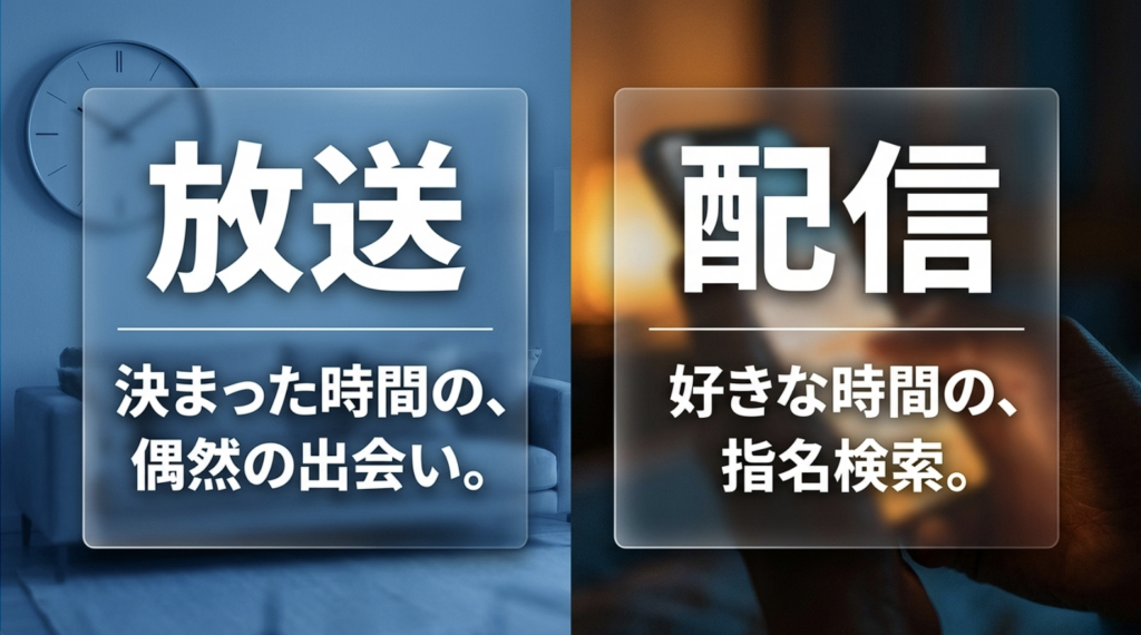 放送は決まった時間に番組を見ることで偶然の出会いがあり、動画配信は好きな時間に作品を検索して視聴できるという違い