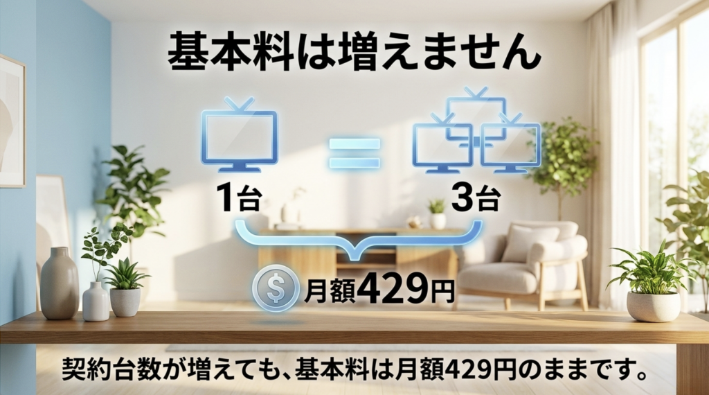 スカパー！はテレビやレコーダーの契約台数が1台から3台に増えても通常の月額基本料は429円のまま