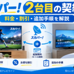 スカパー！2台目の契約方法を解説するイメージ。リビングと寝室の2台のテレビを例に、料金・複数台割引・追加契約の手順を紹介。