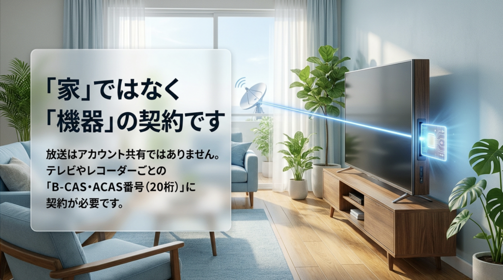 スカパー！の放送契約はアカウント共有ではなく、テレビやレコーダーのB-CAS・ACAS番号ごとに管理される仕組み