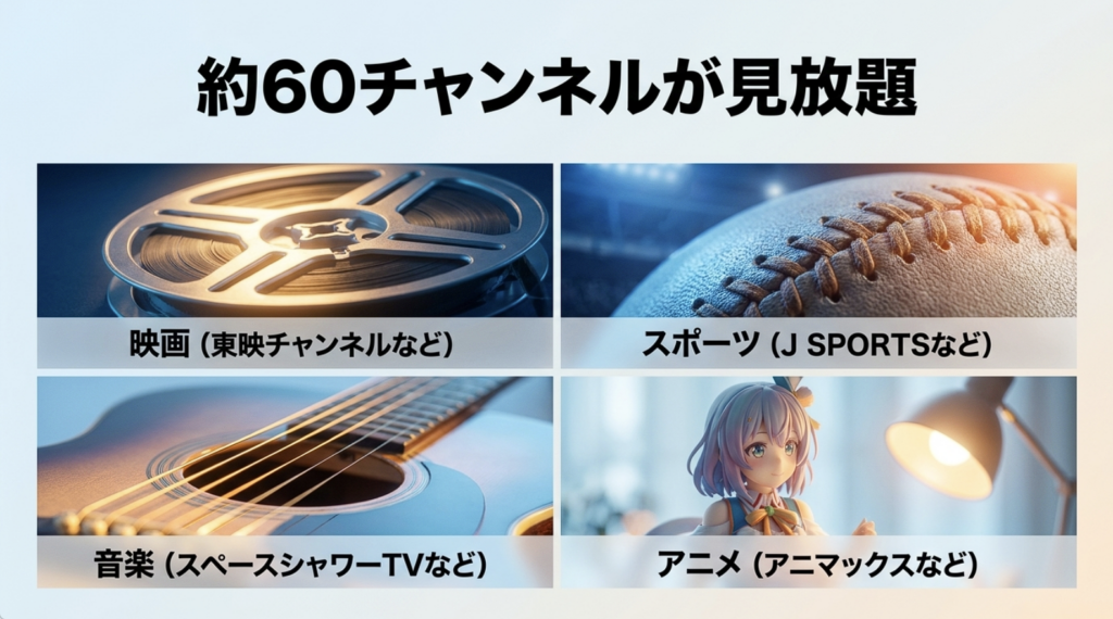 スカパー!2週間お試し体験の対象チャンネルを、映画・スポーツ・音楽・アニメの4ジャンルに分けて紹介した画像
