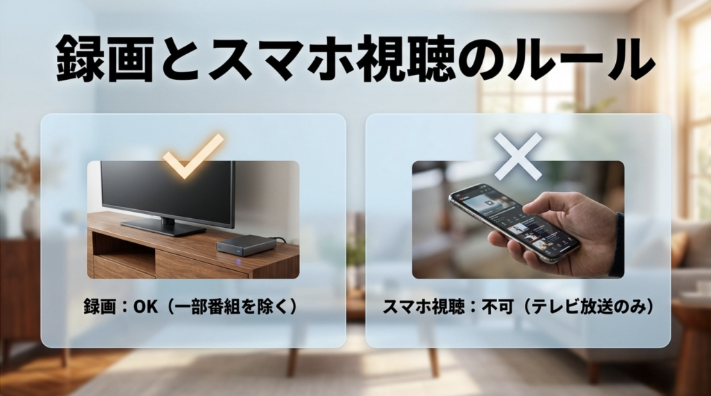スカパー!の2週間お試し体験では一部番組を除きテレビやレコーダーで録画できる一方、スマホ向け番組配信は利用できないことを示した比較画像