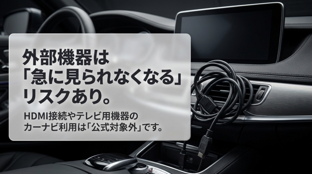 TVerをHDMI接続やテレビ用機器からカーナビへ出力する方法は推奨環境外で、仕様変更などにより視聴できなくなる可能性があることを示す画像