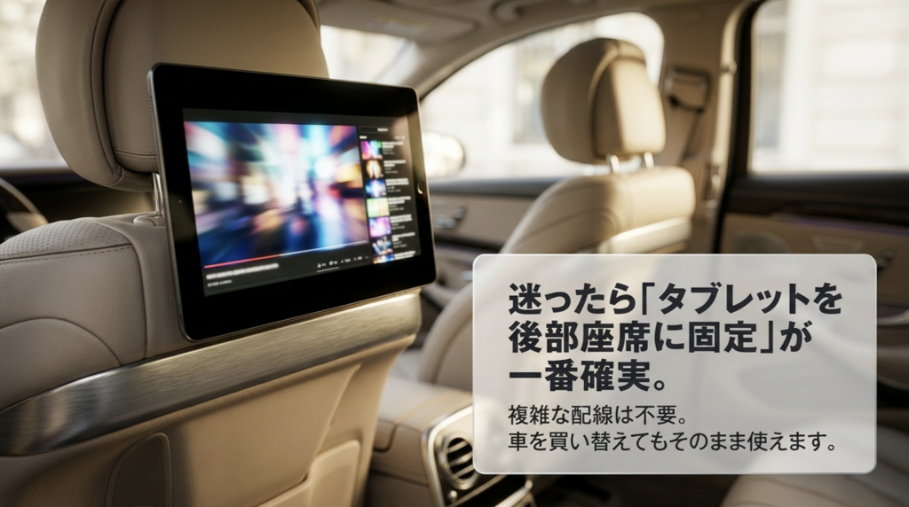 後部座席のヘッドレストにタブレットを固定して車内で動画を見るイメージと、配線が簡単で車を買い替えても使えるメリット