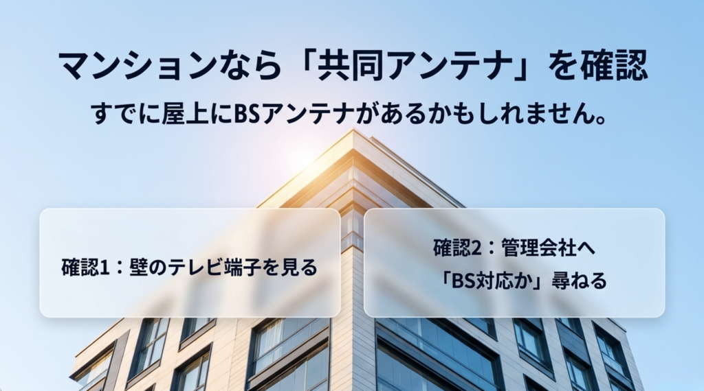 マンションでWOWOWのBS放送を見るために壁のテレビ端子と管理会社へのBS対応確認を案内したスライド