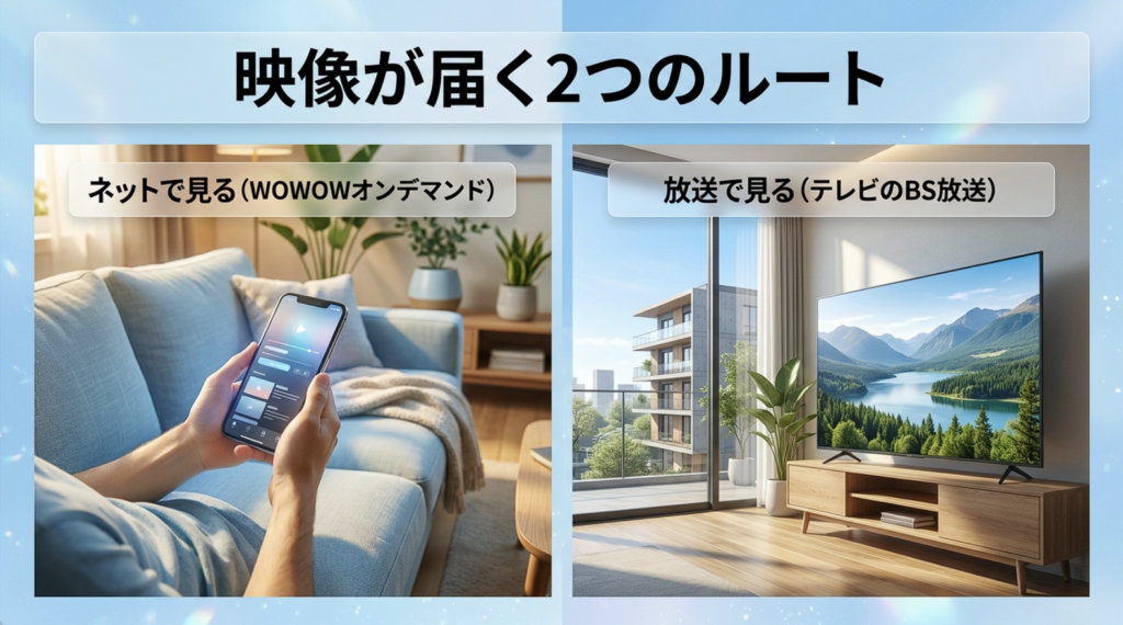WOWOWの視聴方法をスマホで見るWOWOWオンデマンドとテレビで受信するBS放送の2つに分けた比較図