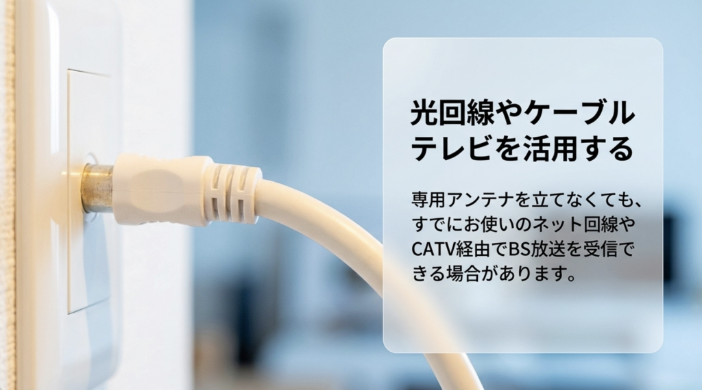 BSアンテナを個別に設置せず光テレビやケーブルテレビの対応サービスでWOWOWを受信する方法を説明した図