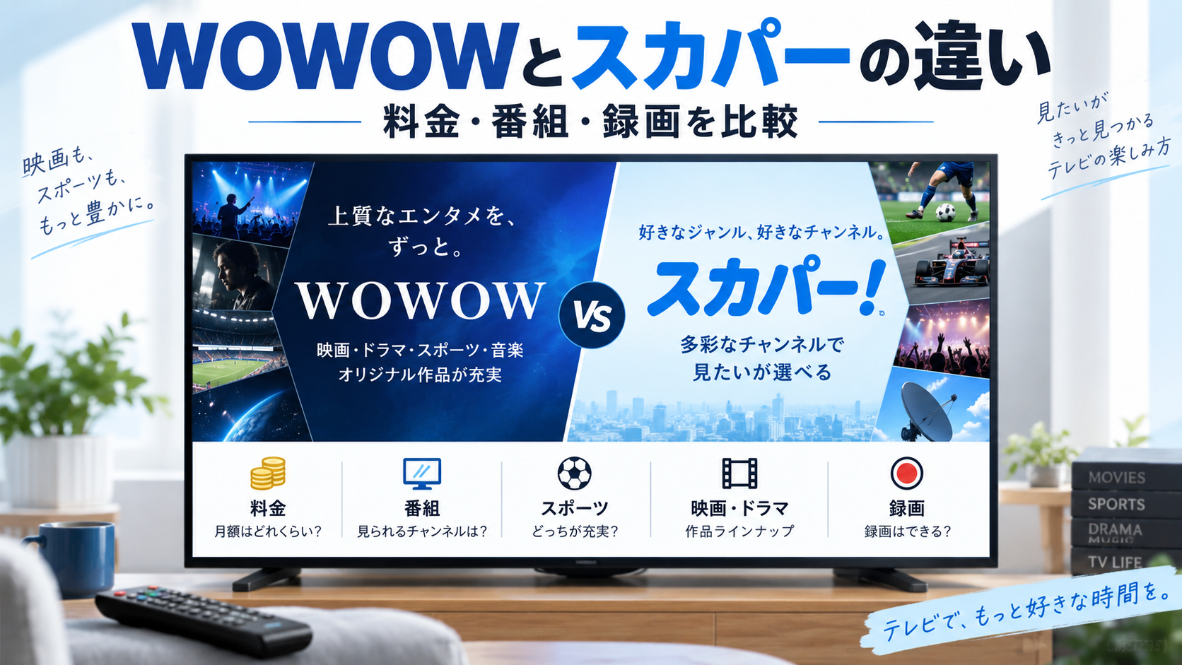 WOWOWとスカパーの違いを料金・番組・スポーツ・映画ドラマ・録画で比較したイメージ画像
