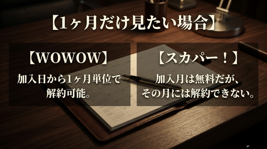 WOWOWは加入日基準、スカパーは加入月無料だが当月解約できない短期利用の違い