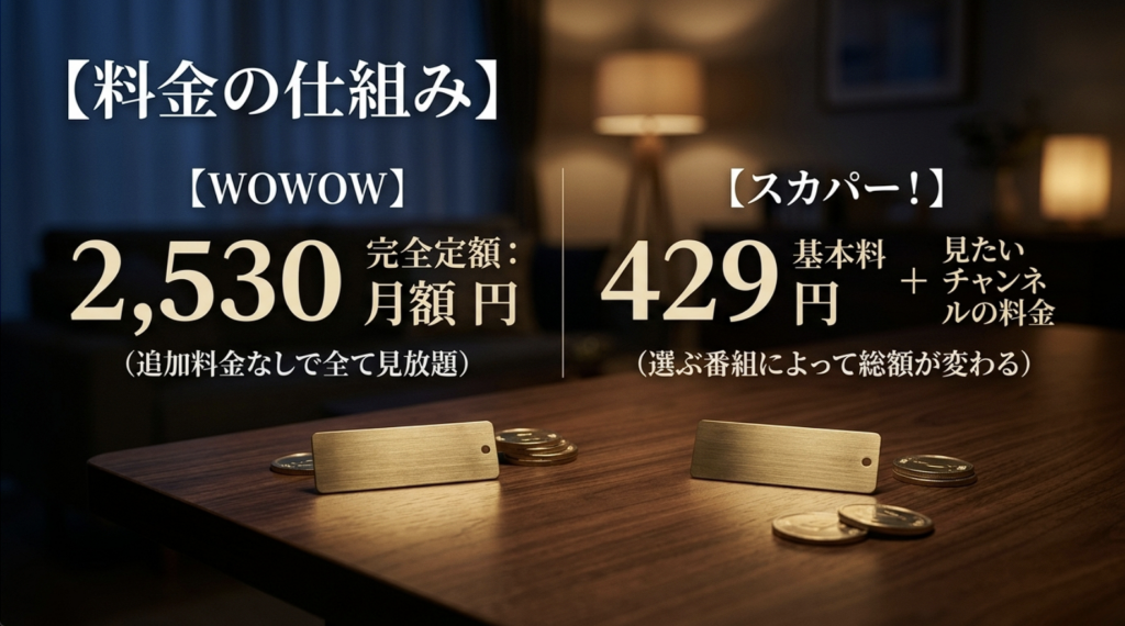 WOWOW月額2530円とスカパー基本料429円プラスチャンネル料金の料金体系比較