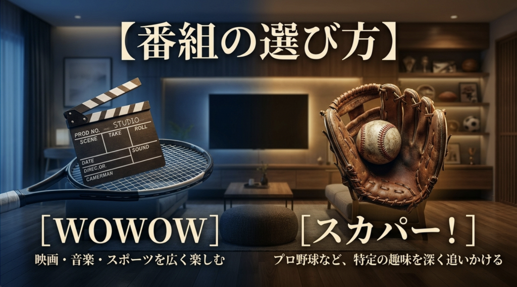 WOWOWは映画や音楽やスポーツを幅広く、スカパーはプロ野球など専門ジャンルを選ぶ違い