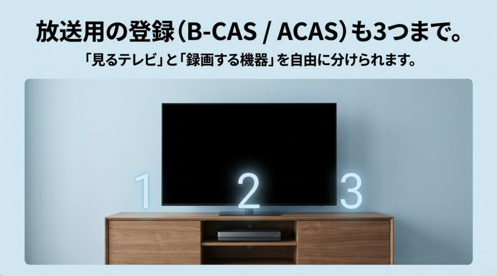 WOWOWトリプルプランではB-CASカードまたはACAS番号を最大3つまで登録できることを示した図